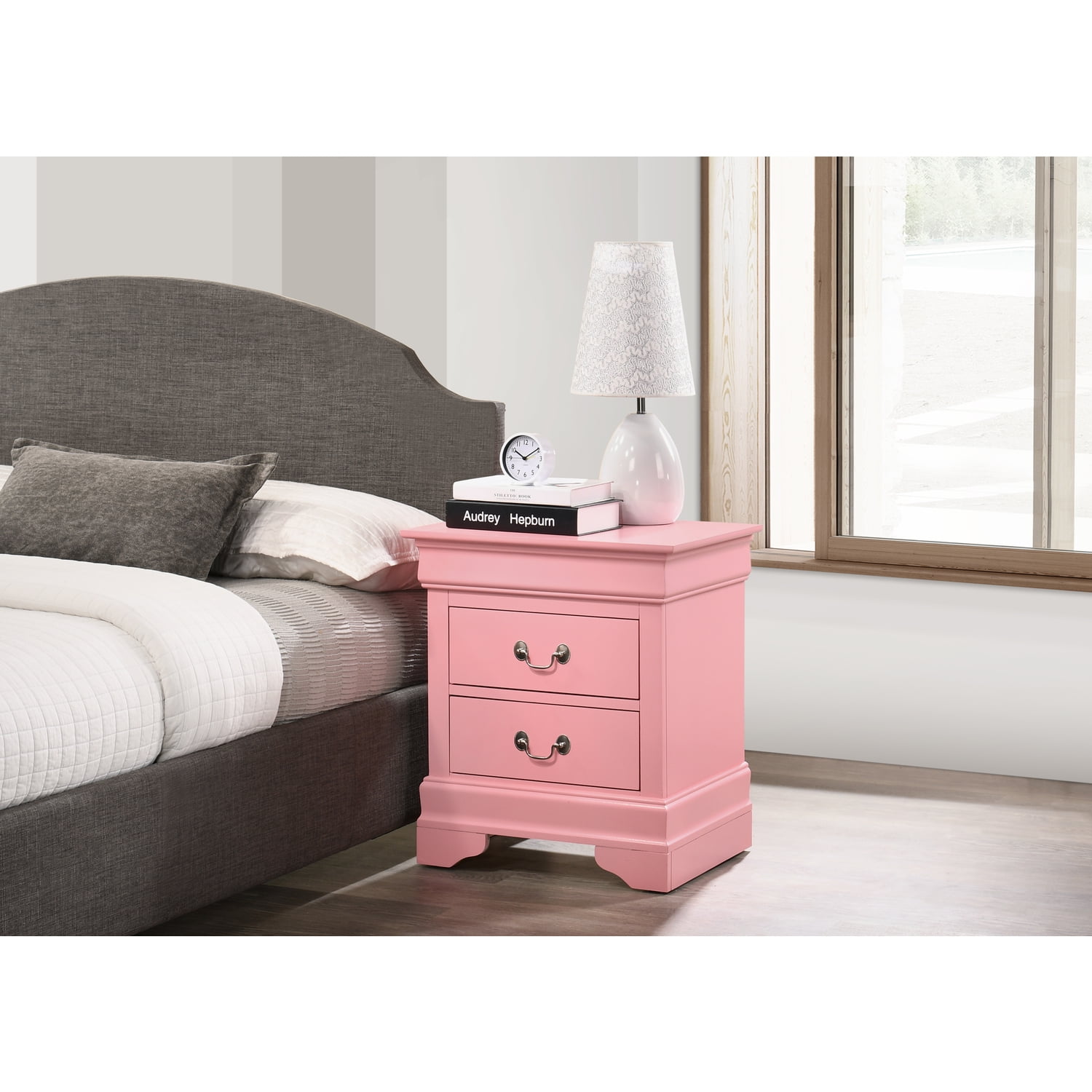 Elegant Pink 2-Drawer Nightstand with Metal Accents and Wood Veneer Finish