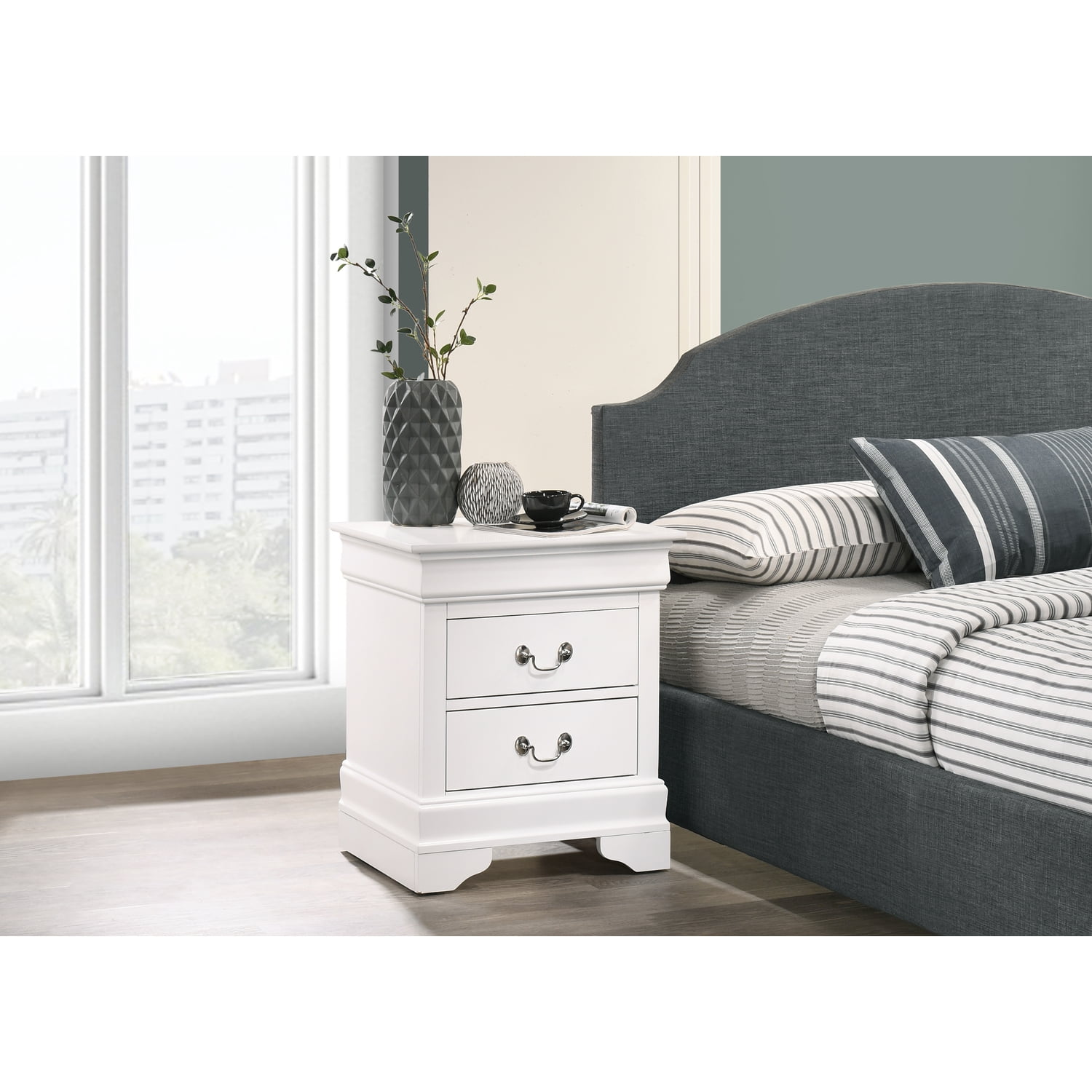 Elegant White 2-Drawer Nightstand with Metal Center Guides