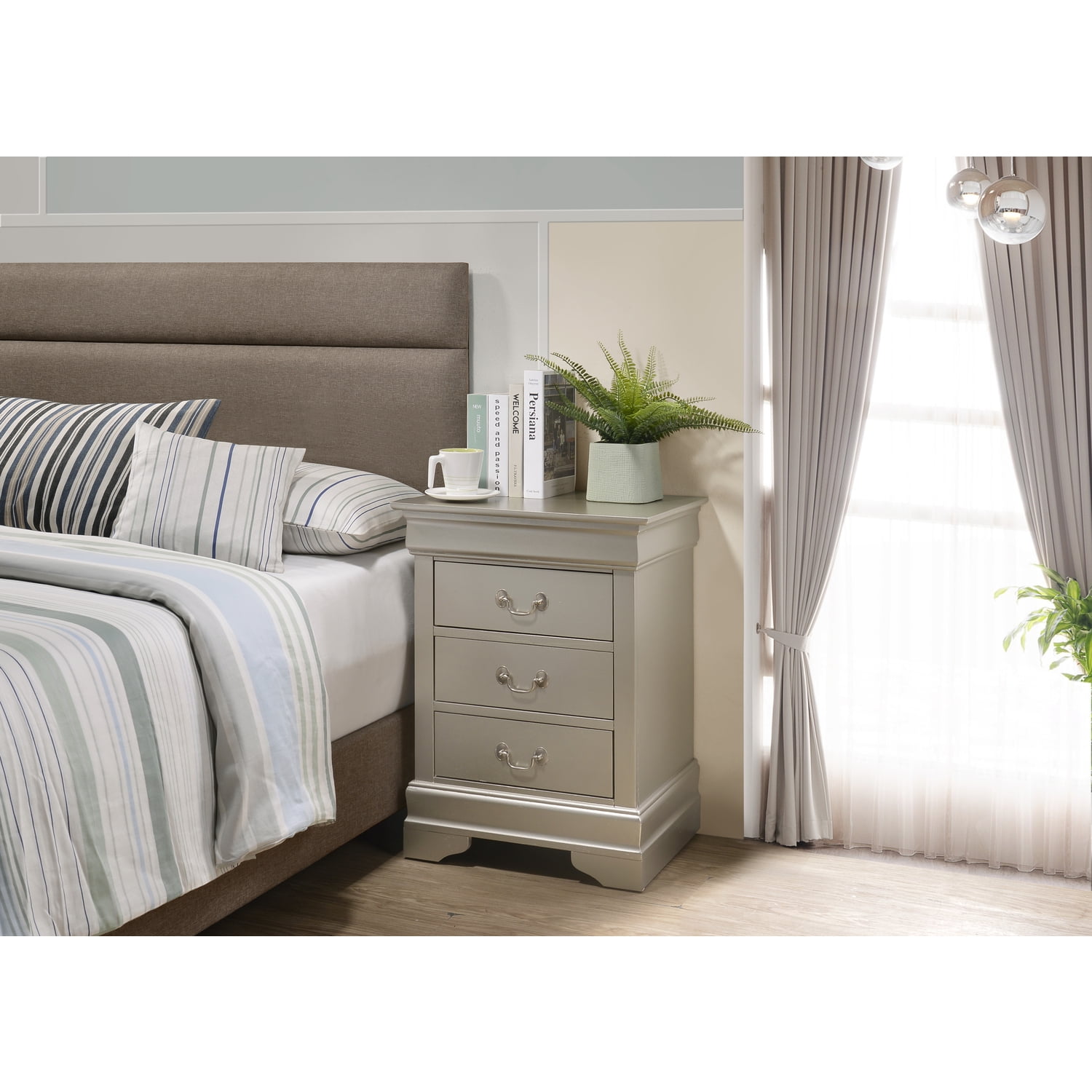 Transitional 3-Drawer Rectangular Nightstand in Silver Champagne