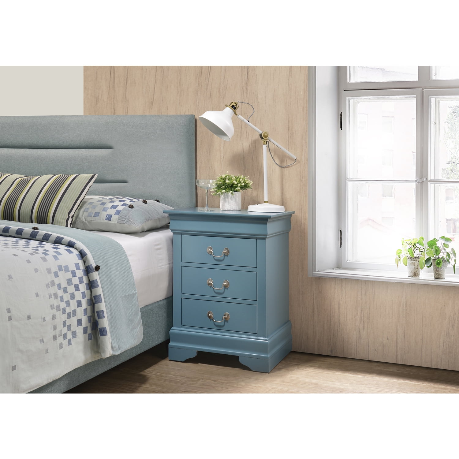 Transitional 3-Drawer Wood Nightstand with Metal Handles - Blue