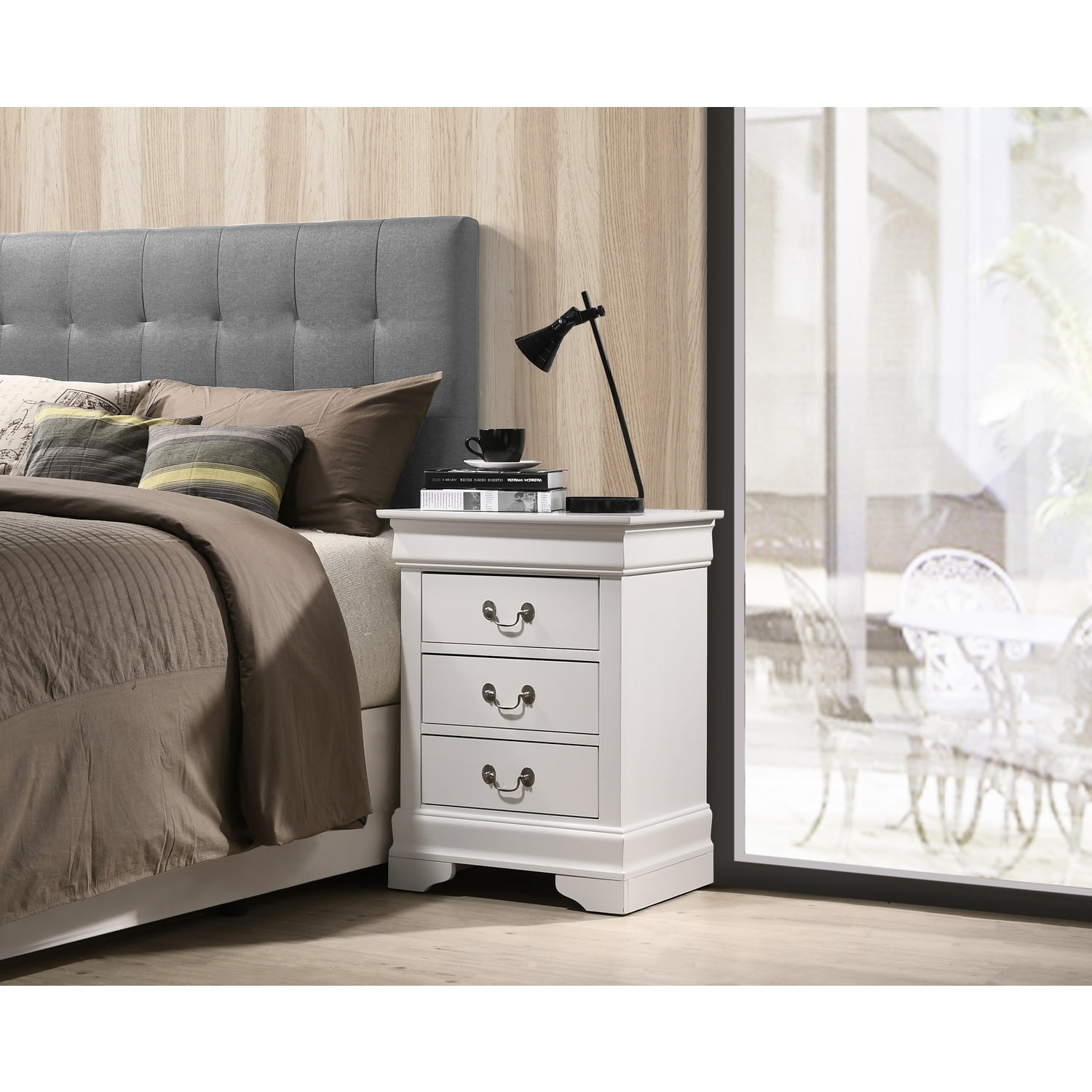 White Solid Wood 3 Drawer Nightstand with Metal Handles