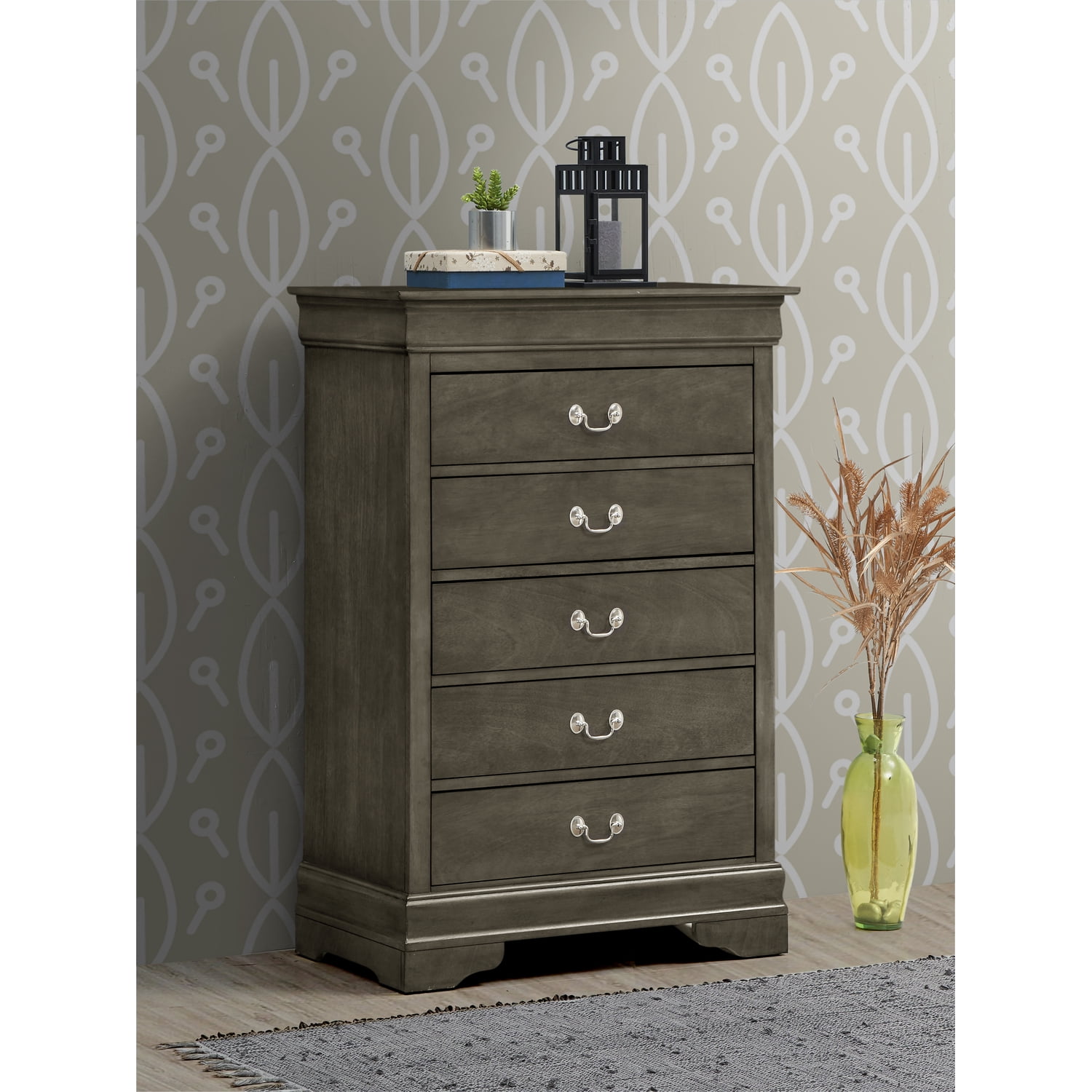 Transitional Gray 5-Drawer Chest with Metal Handles and Dovetail Drawers