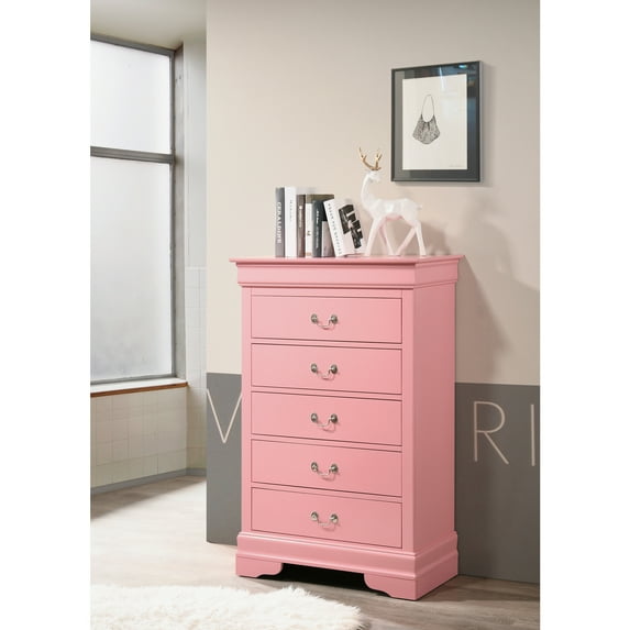 Glory Furniture Louis Phillipe 5 Drawer Chest in Pink