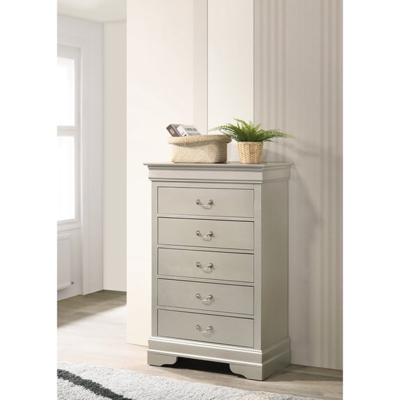 Glory Furniture Louis Phillipe 5 Drawer Chest in Silver Champagne