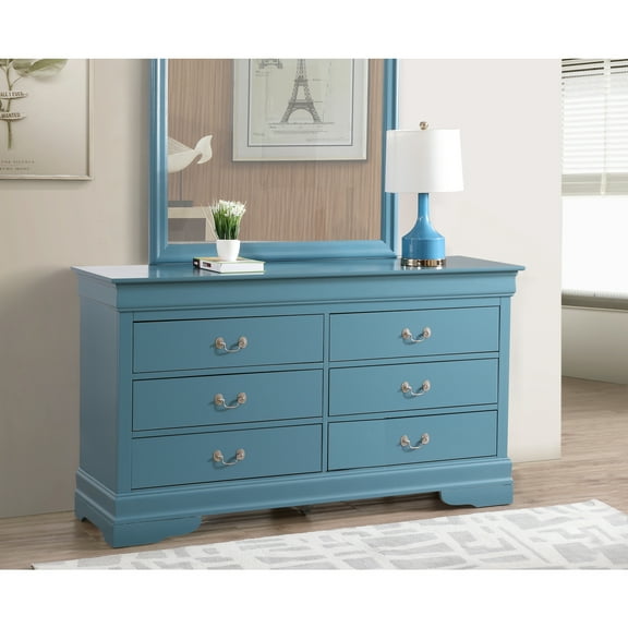 Glory Furniture Louis Phillipe 6 Drawer Dresser in Teal