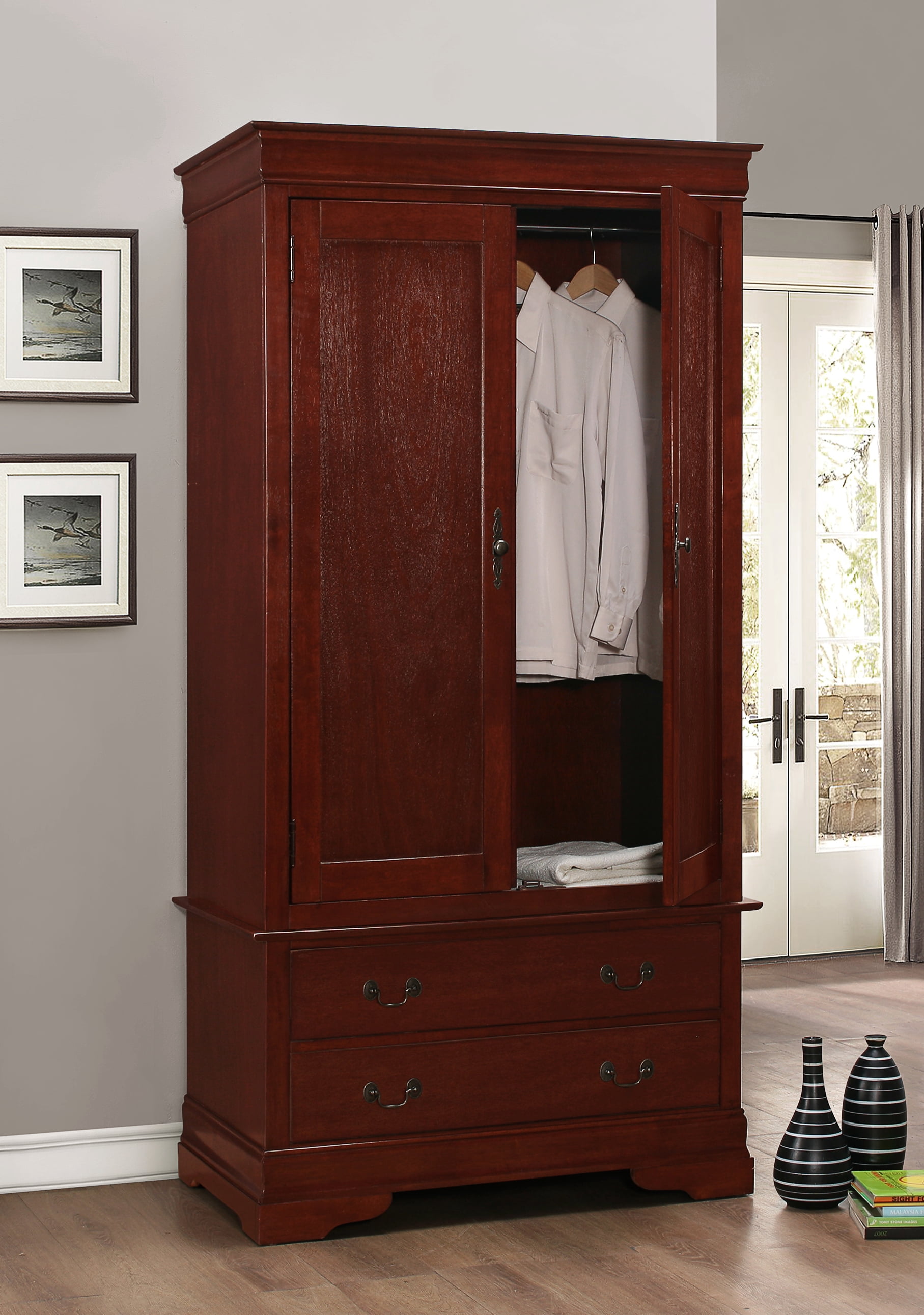 Cherry Wood Armoire with Drawers and Hanging Rod