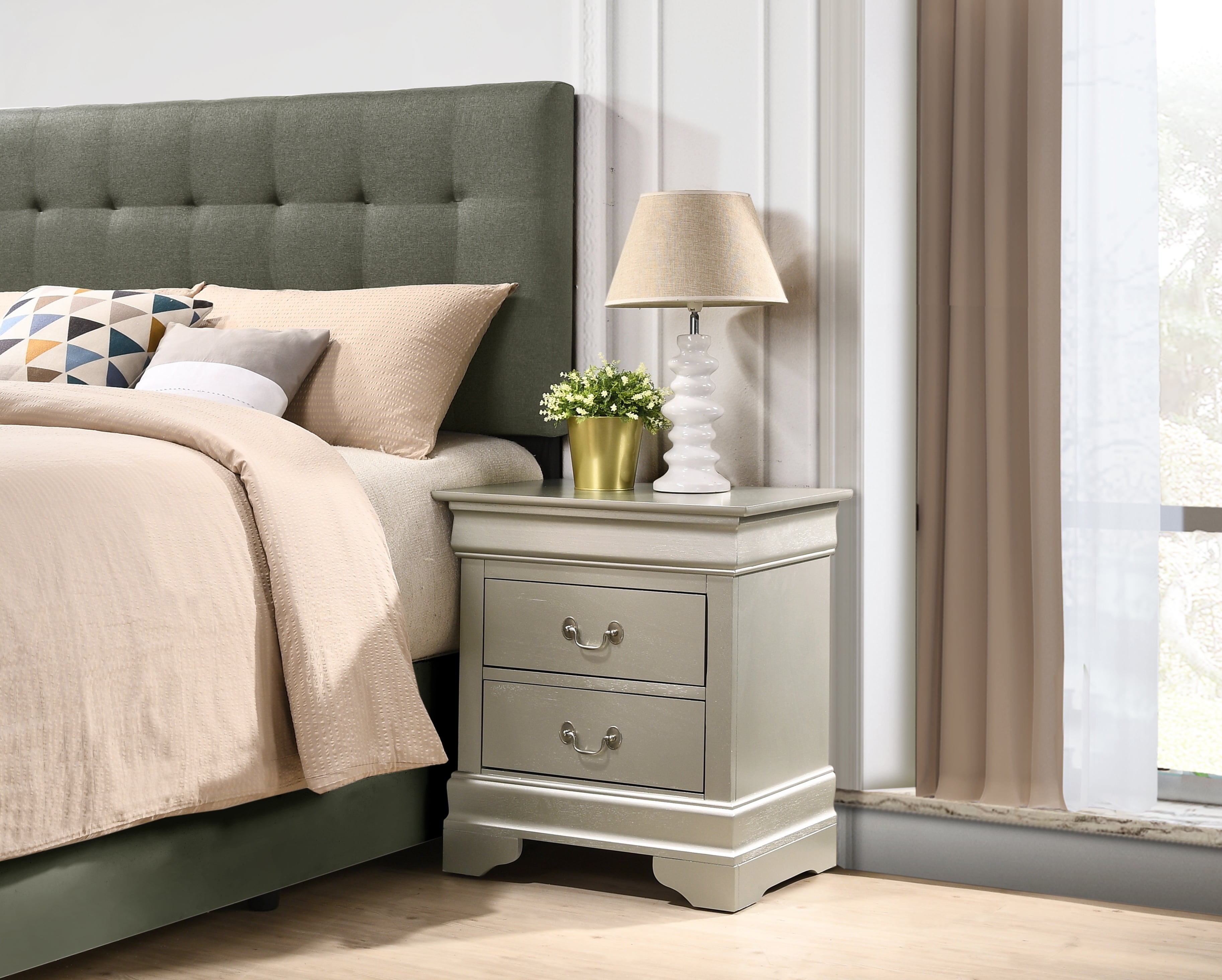 Silver Champagne 2-Drawer Traditional Nightstand