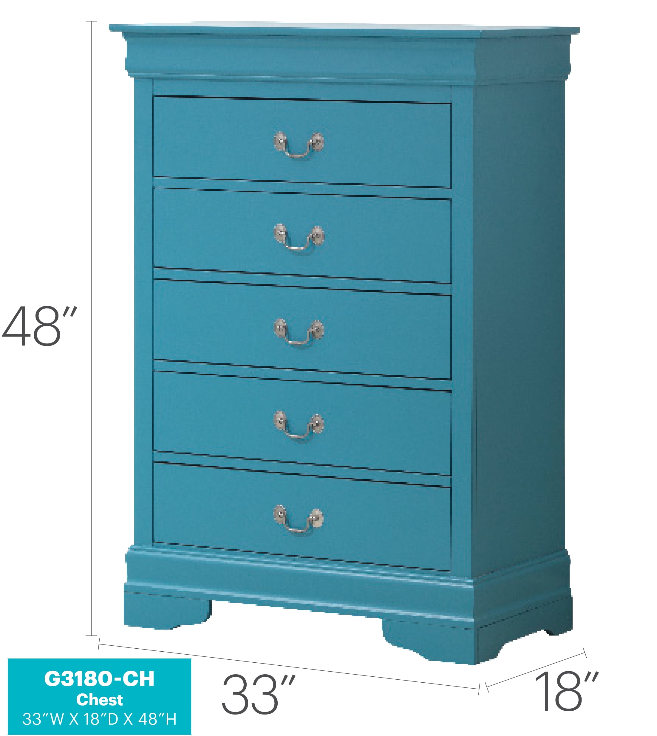 Teal 5-Drawer Chest with Dovetail Drawers and Real Wood Veneers
