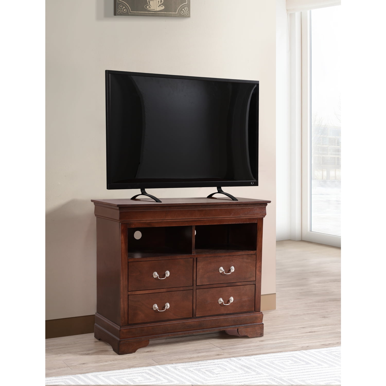 Transitional Cappuccino Veneer 4-Drawer Media Chest with Metal Handles