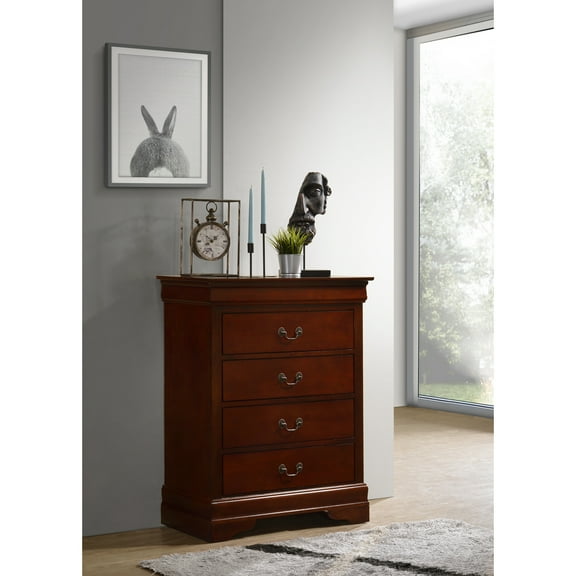 Glory Furniture Louis Phillipe Wood Veneer 4-Drawer Chest in Cherry