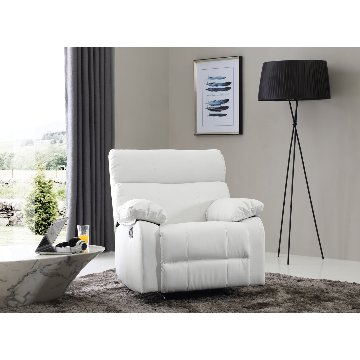 Contemporary White Faux Leather Rocker Recliner with Wood Frame