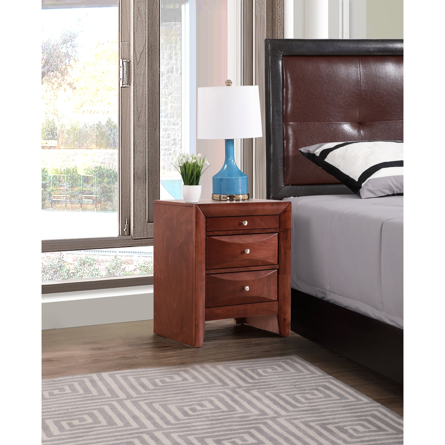 Cherry Finish 3-Drawer Nightstand with Nickel Hardware