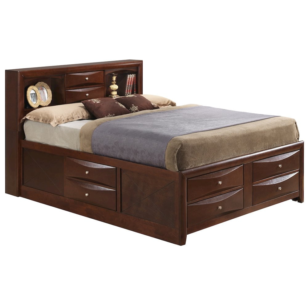 Cherry Wood Queen Storage Bed with Bookcase and Drawers