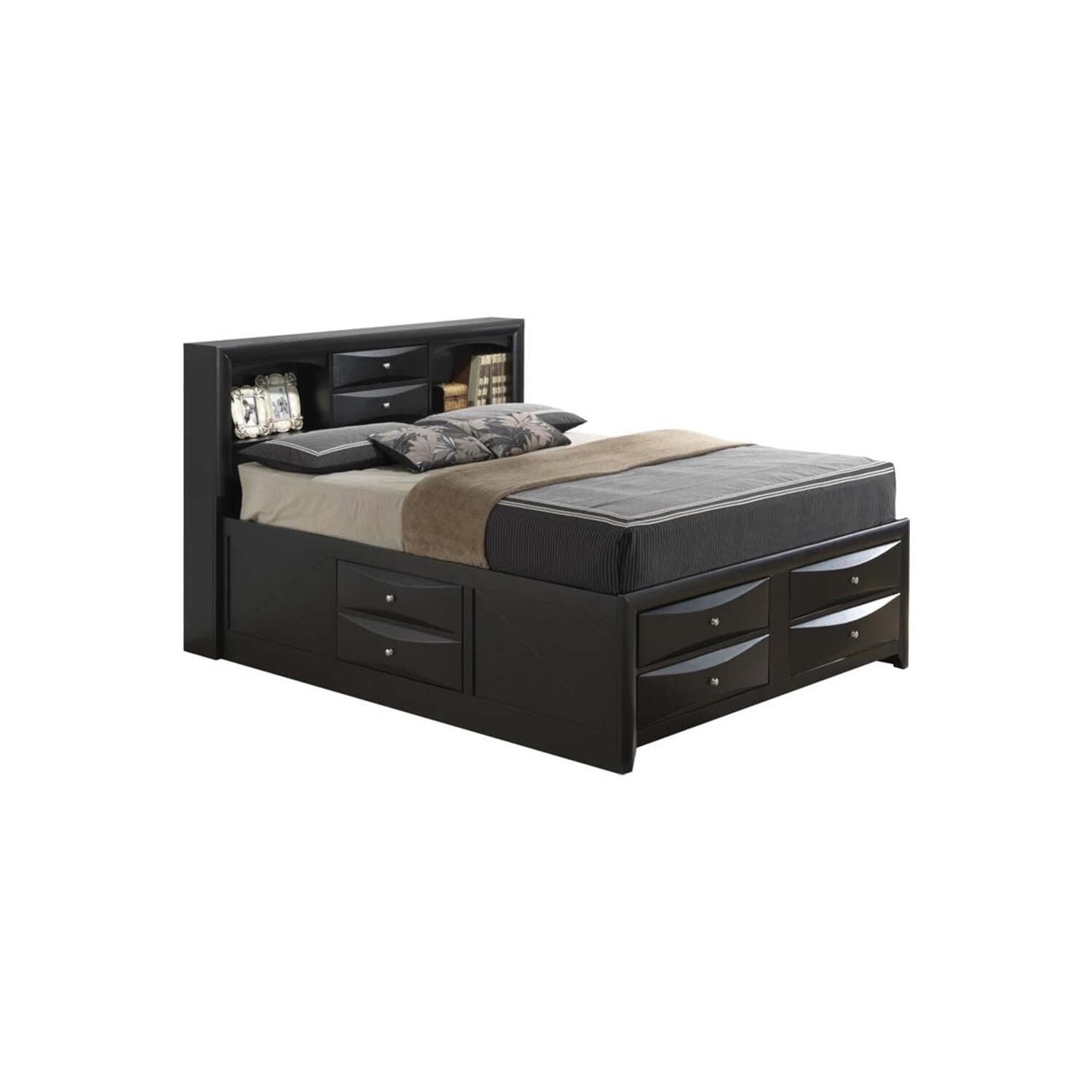 King Black Wood Frame Storage Bed with Drawers and Headboard
