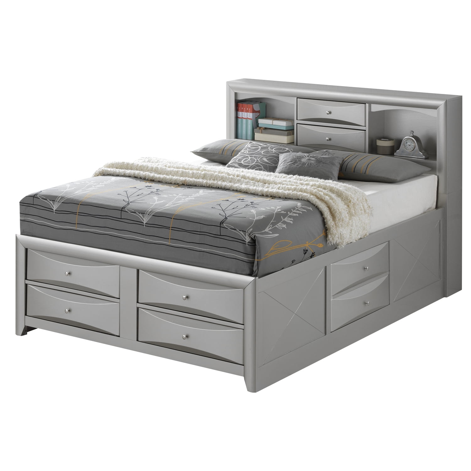 Silver Queen Wood Frame Bookcase Storage Bed with Drawers