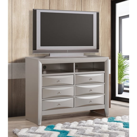 Glory Furniture Marilla Wood Veneer 6-Drawer TV Stand in Silver Champagne