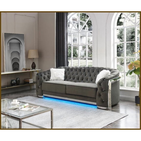 Glory Furniture Modern Gray Velvet Sofa with Color-Changing LED Lights - Tufted Design for Living Room