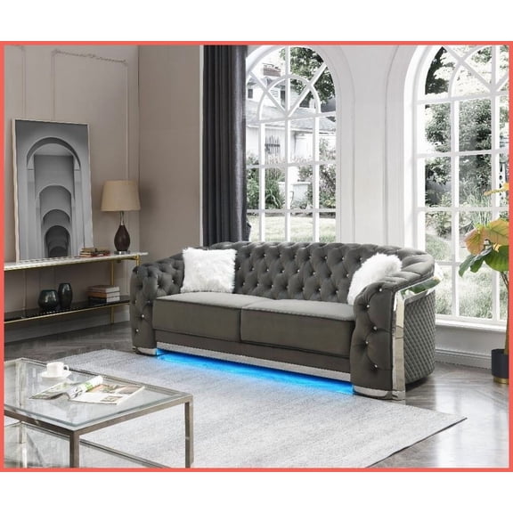 Glory Furniture Modern Gray Velvet Sofa with LED Accent Lights & Crystal Tufting for Living Room