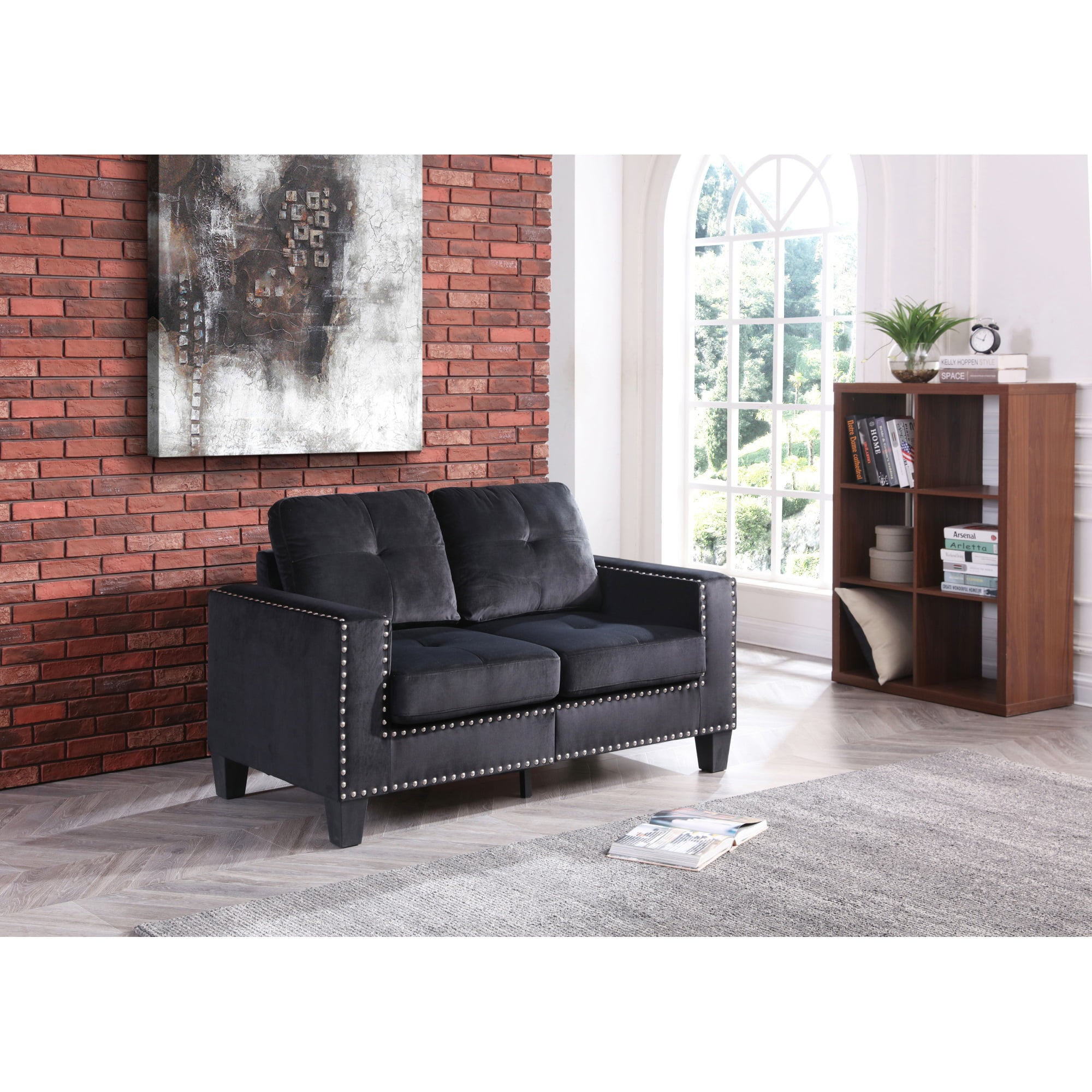 Elegant Black Velvet Tufted Armchair with Nailhead Trim