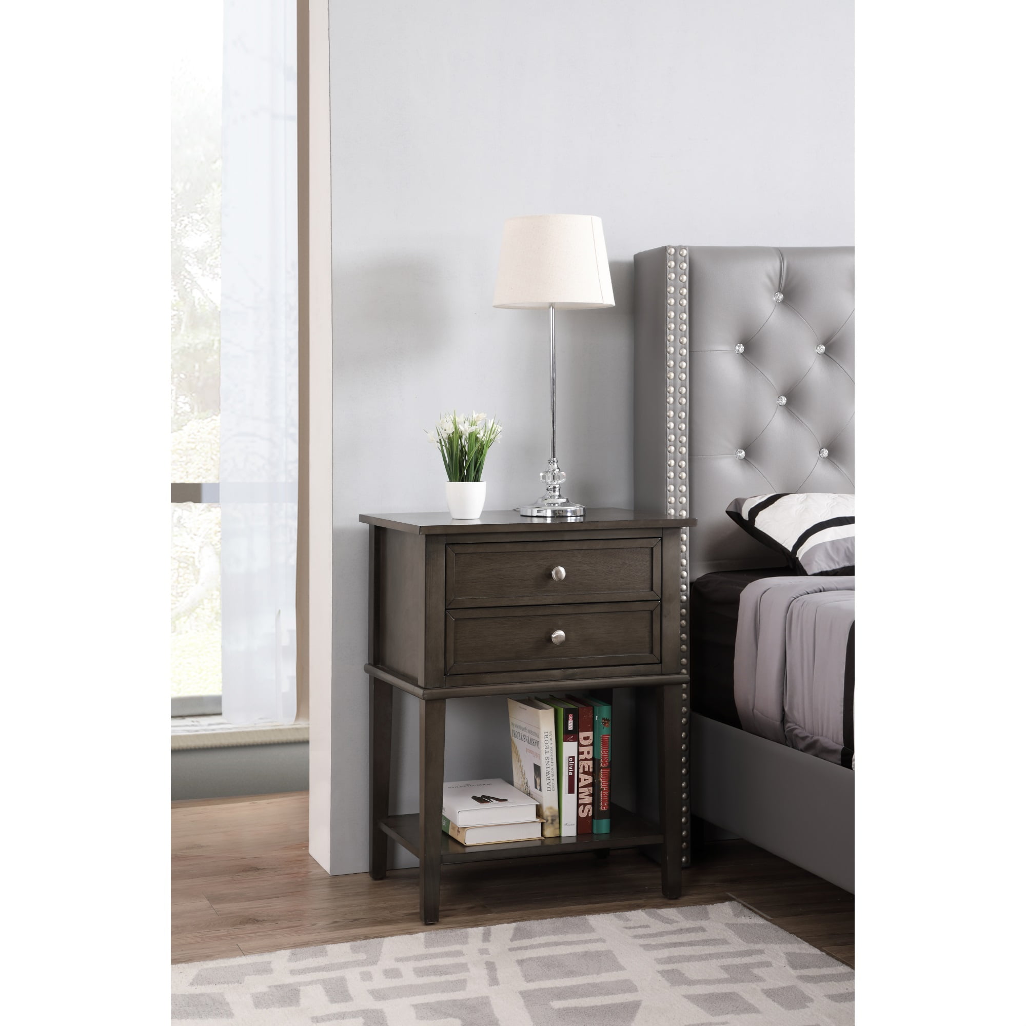 Gray Solid Wood 2-Drawer Nightstand with Open Shelf