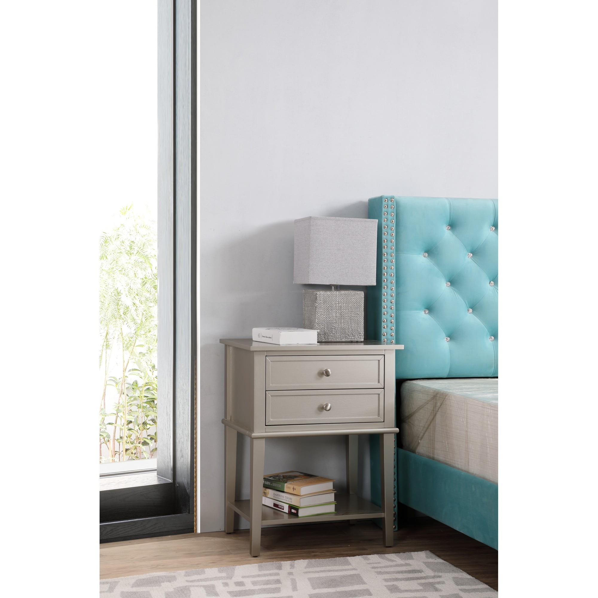 Silver Champagne 2-Drawer Nightstand with Open Shelf