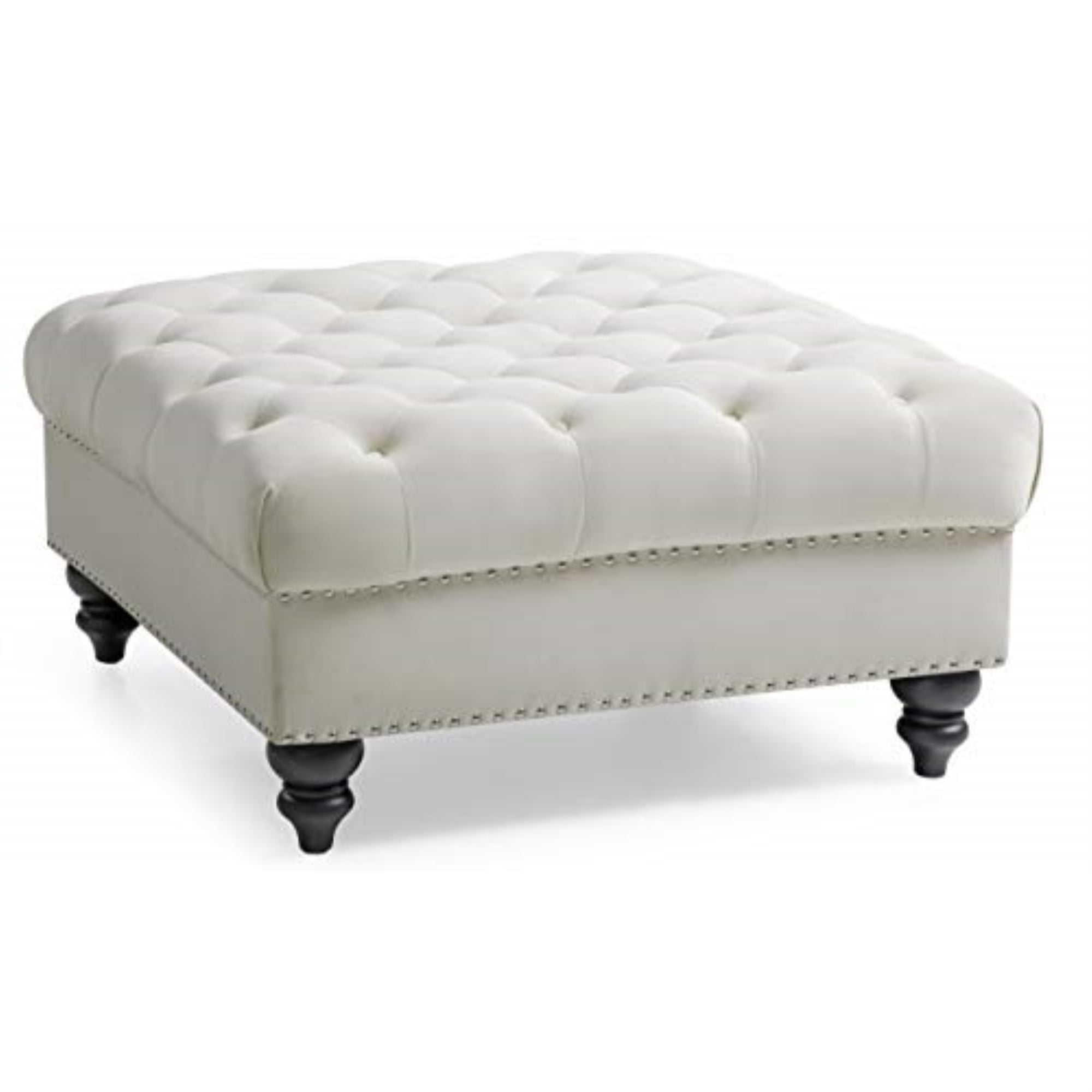 Nola Ivory Velvet 35" Tufted Ottoman with Chrome Nailheads