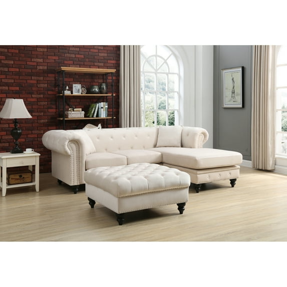 Glory Furniture Nola Velvet Sofa Chaise in Ivory