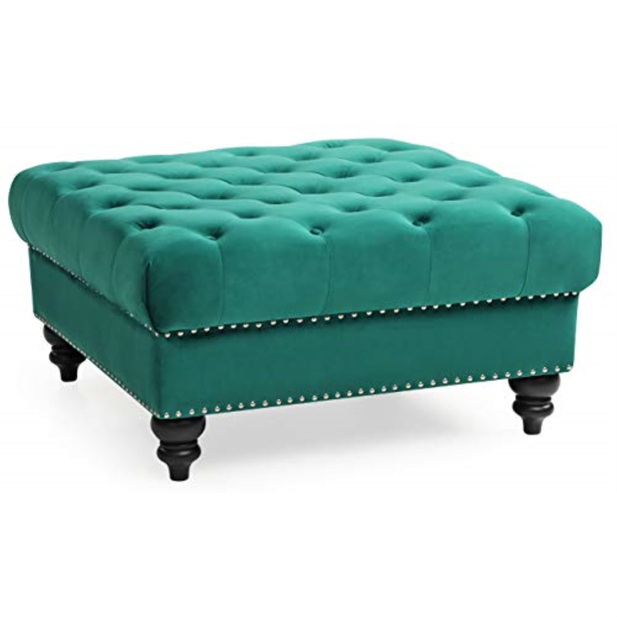 Nola Tufted Velvet Ottoman with Chrome Nailheads in Green