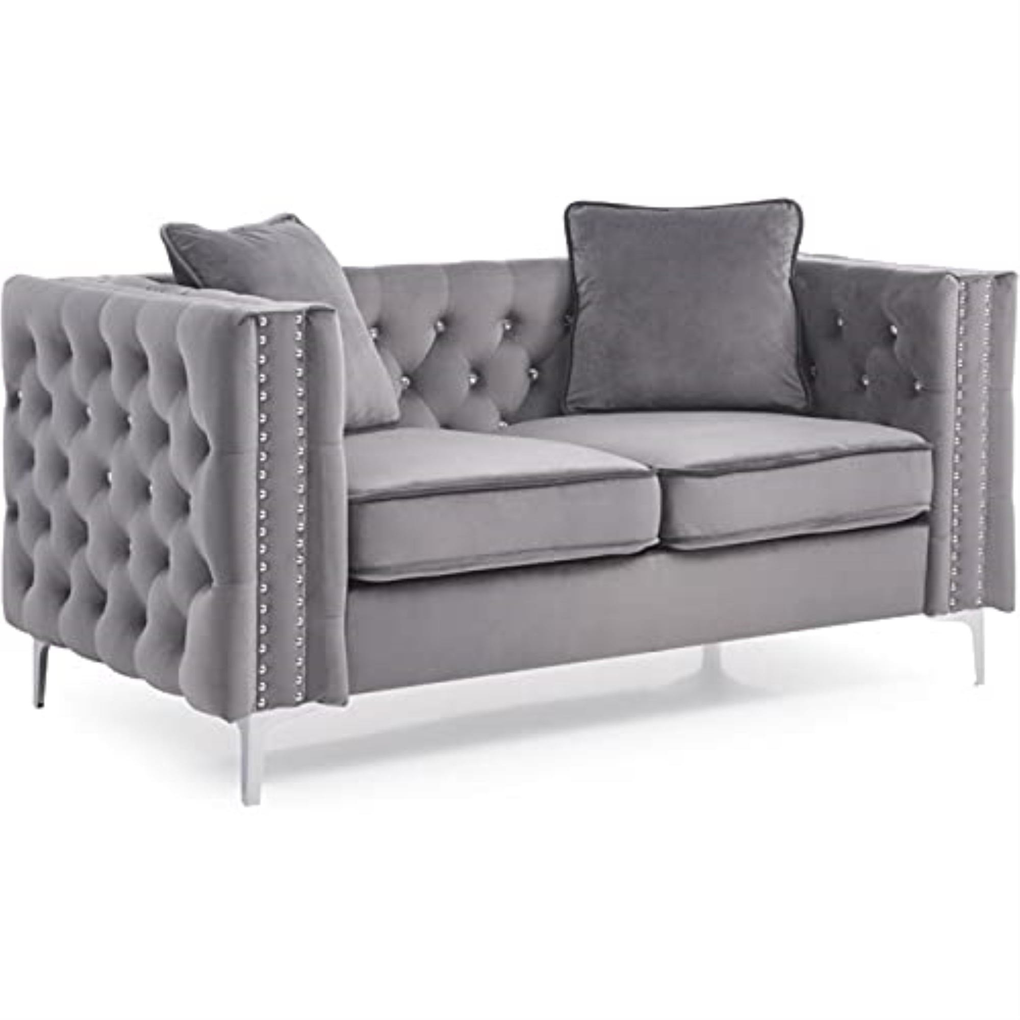 Gray Velvet Tufted Loveseat with Nailhead Trim and Track Arms