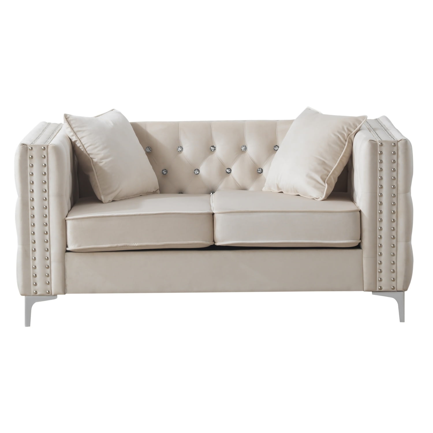Ivory Velvet Tufted Loveseat with Nailhead Trim and Chrome Legs