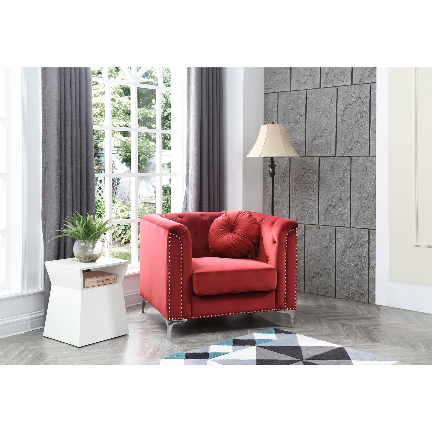 Elegant Burgundy Velvet Wood Armchair with Chrome Accents