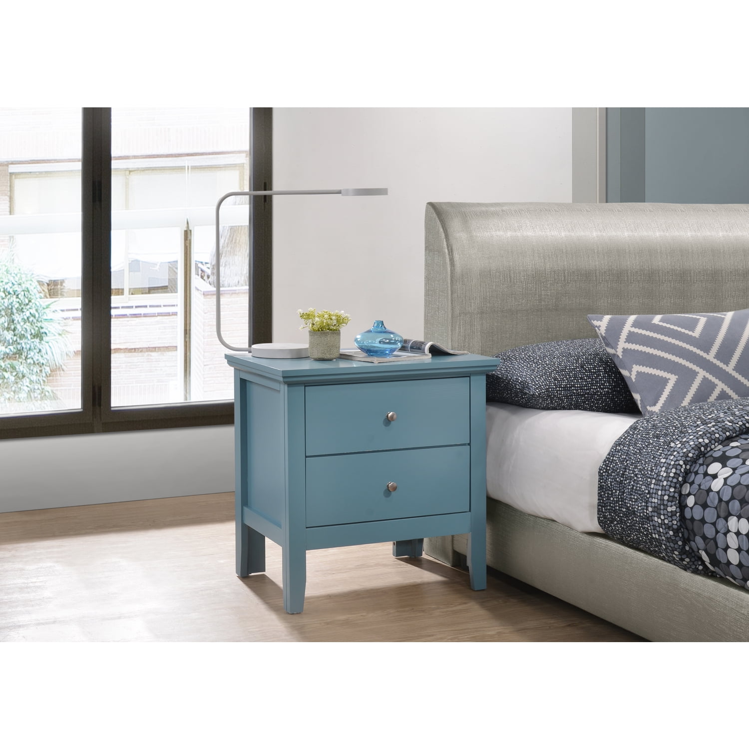 Teal Blue 2-Drawer Wooden Nightstand with Metal Handles