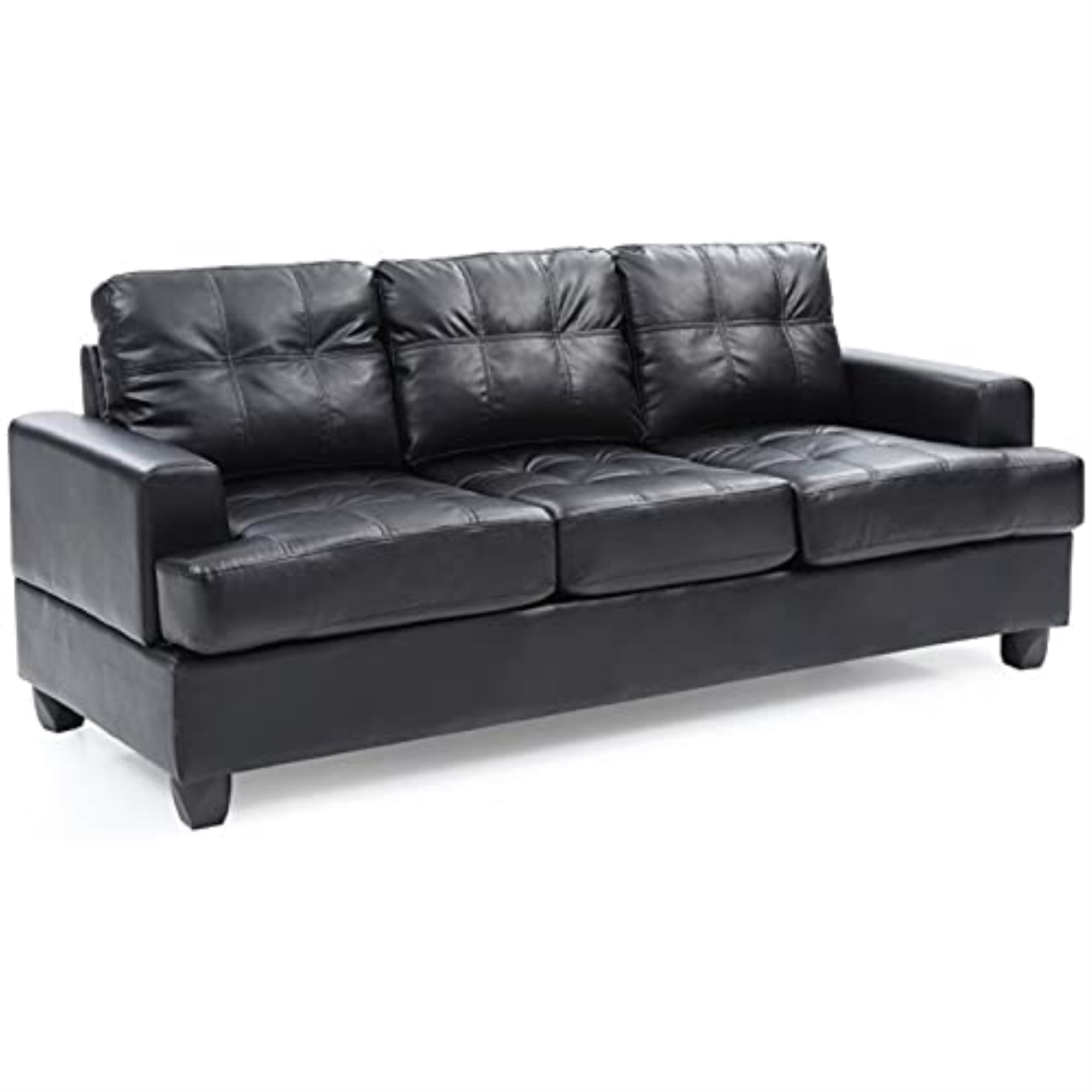 Black Tufted Faux Leather Three Piece Sofa with Wood Track Arm