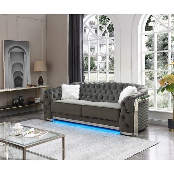 Modern Gray Leather 220cm Sofa with Chrome Trim and LED Lights