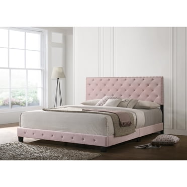Glory Furniture Suffolk Queen Bed - Pink Velvet Upholstered With Jewel Tufting & Wood Support