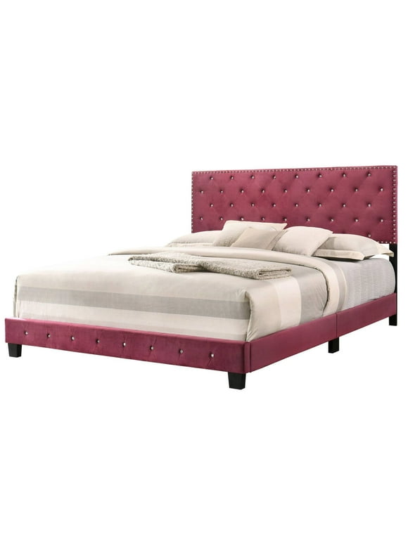 Glory Furniture Suffolk Velvet Upholstered King Bed in Cherry