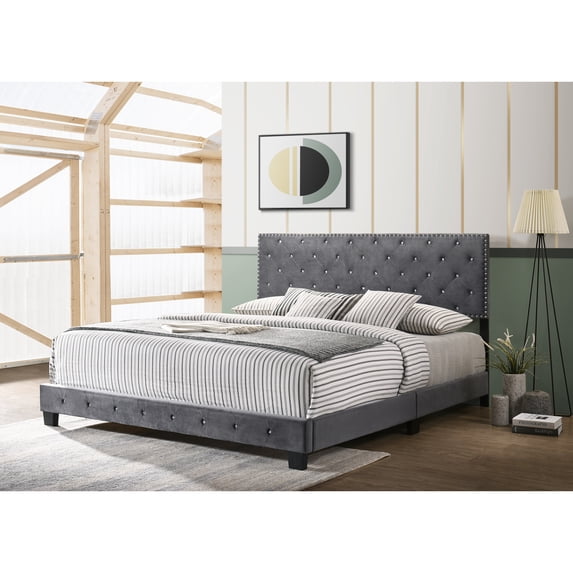 Glory Furniture Suffolk Velvet Upholstered King Bed in Gray