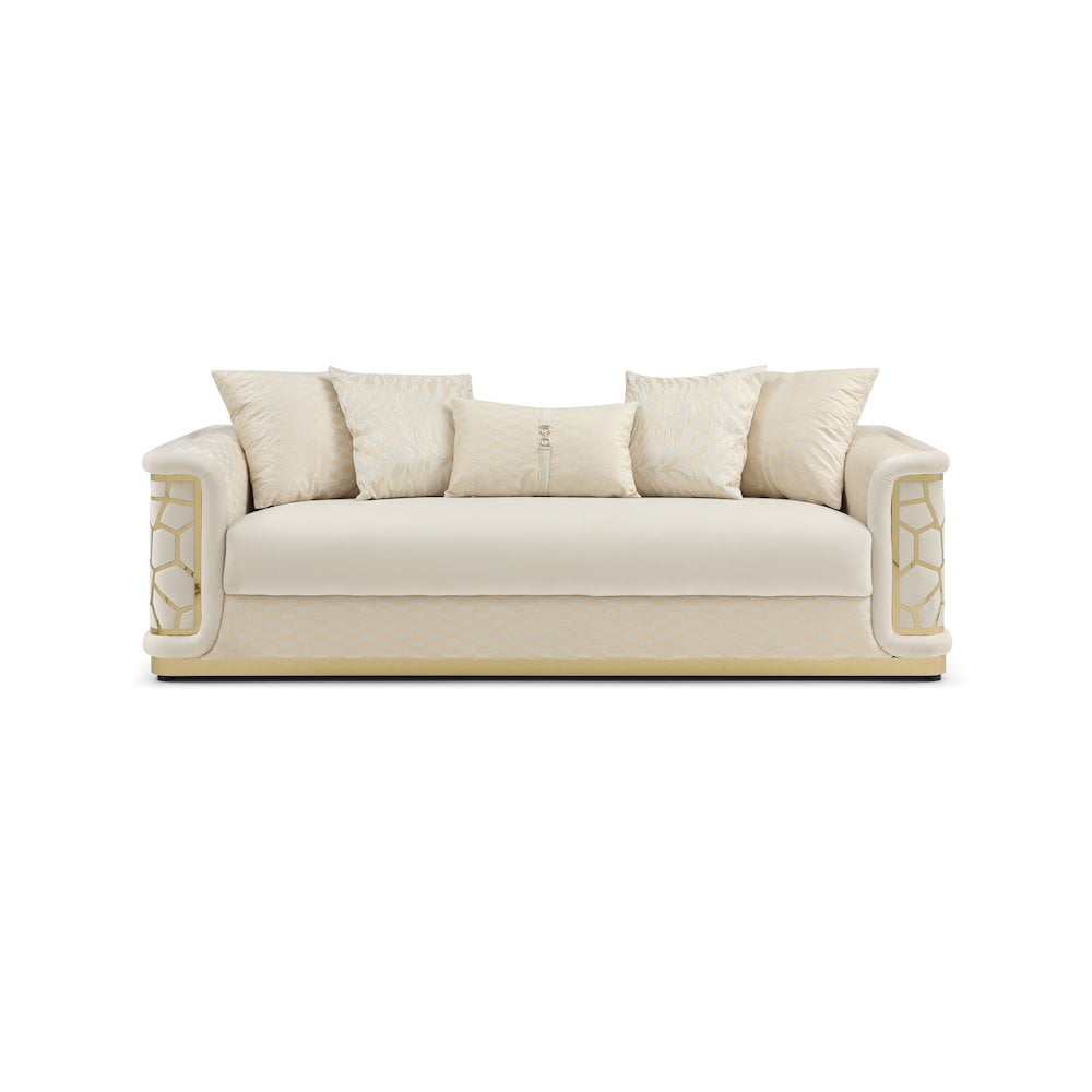 Ivory Velvet Art Deco Sofa with Gold Trim