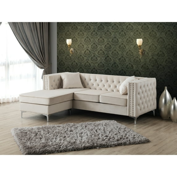 Glory Furniture Velvet Upholstered Chaise Sofa with Faux Jewel Tufting and Chrome Legs, Ivory