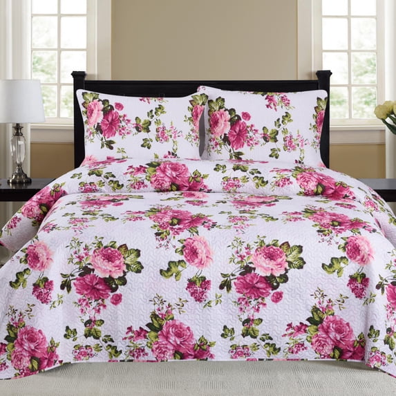 Glory Home Modern 3-Piece Fuchsia Pink Floral Quilt Bedding Sets, King