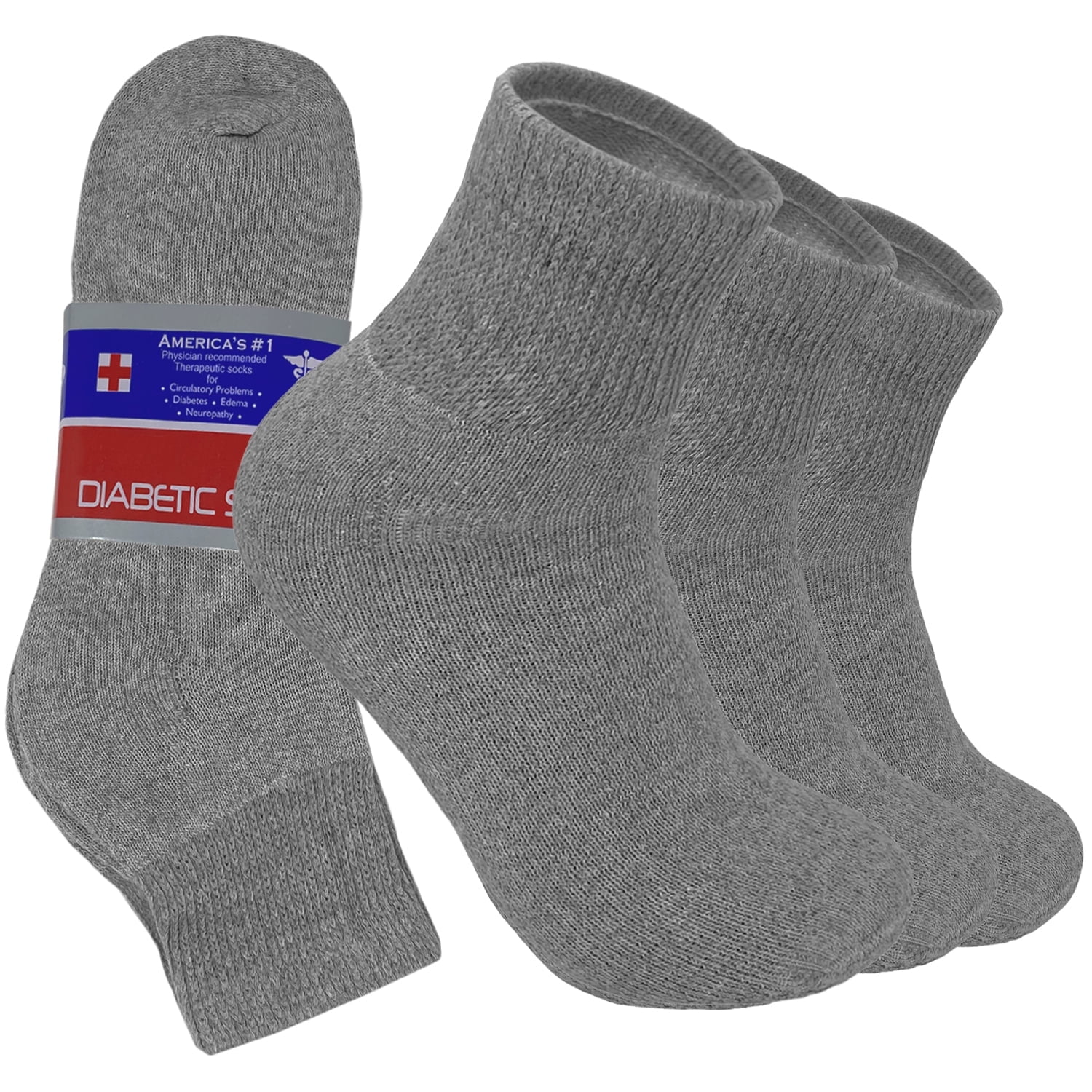 Glory Max 12 Pairs Men's Women's Diabetic Circulatory Ankle Quarter Gray Cotton Socks Size 9-11