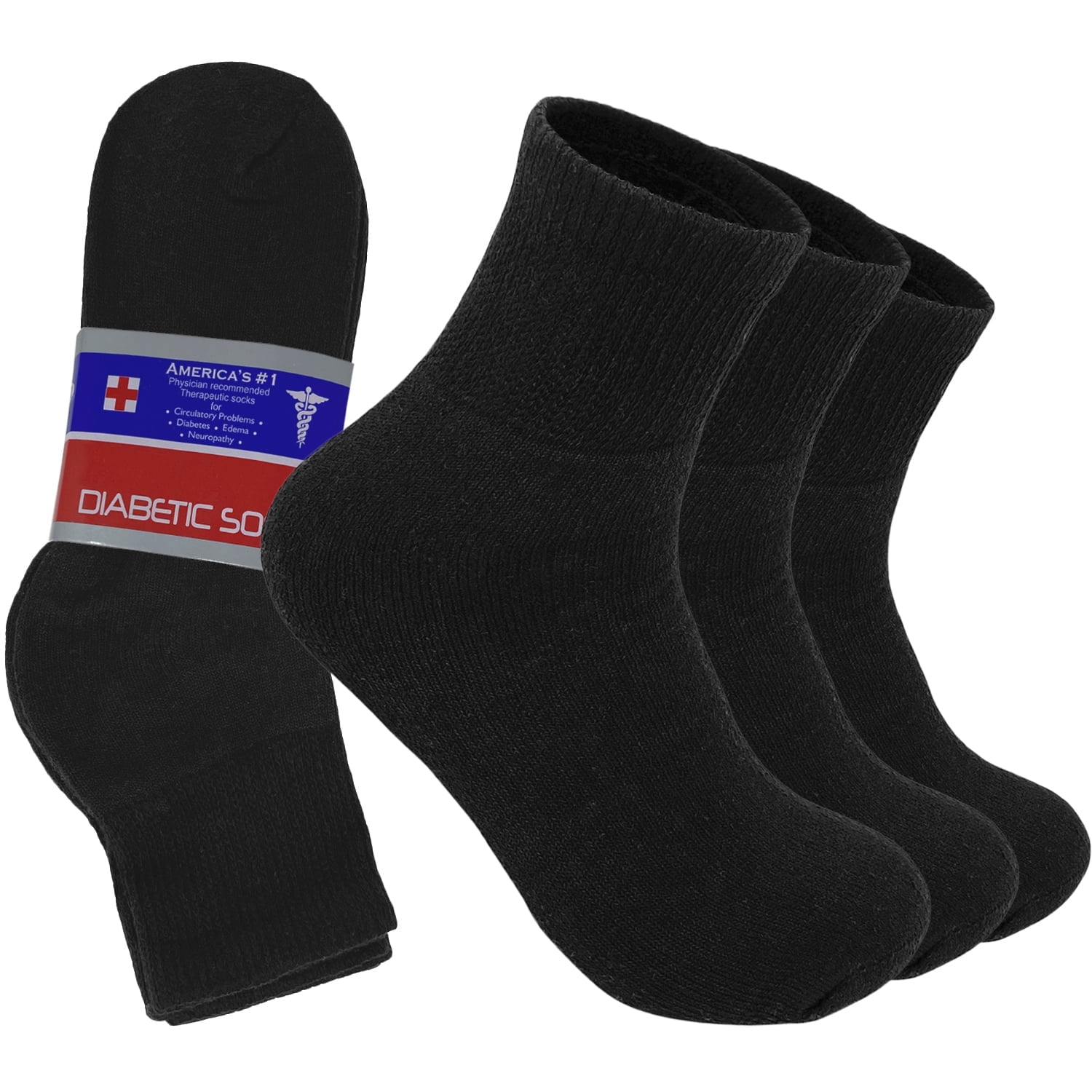 Glory Max 3 Pairs Men's Women's Diabetic Circulatory Ankle Quarter Black Cotton Socks Size 13-15