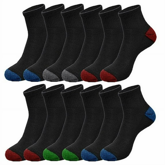 Glory Max Men's Athletic Cotton Cushioned Black 2-Tone Ankle Socks Size 9-11 12 Pairs