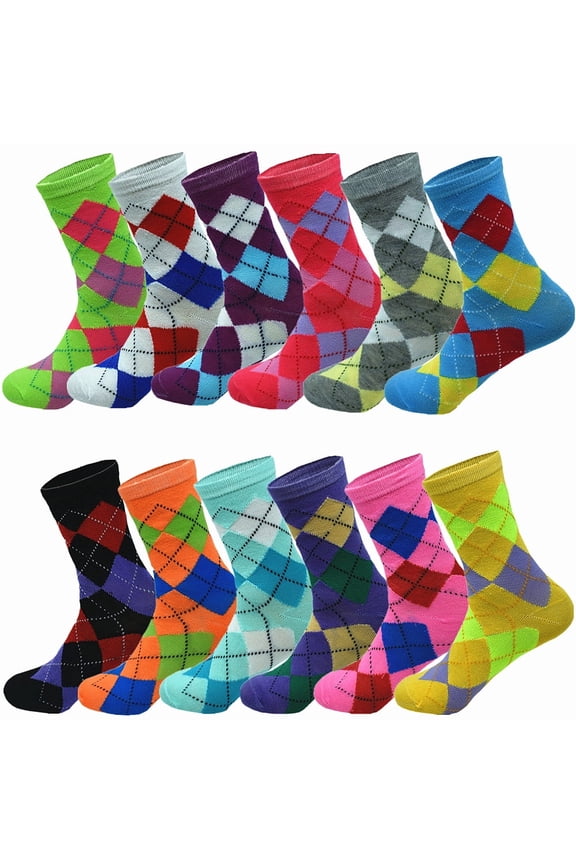Glory Max Women's Assorted Colors Argyle Design Cotton Crew Socks Size 9-11 12 Pairs