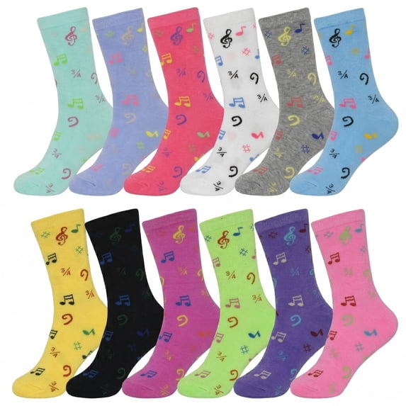 Glory Max Women's Assorted Colors Musical Design Cotton Crew Socks Size 9-11 12 Pairs