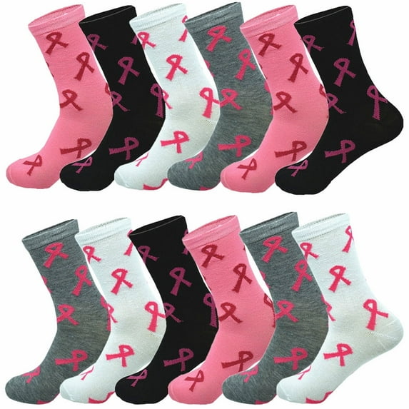 Glory Max Women's Assorted Colors Pink Ribbon Design Cotton Crew Socks Size 9-11 6 Pairs