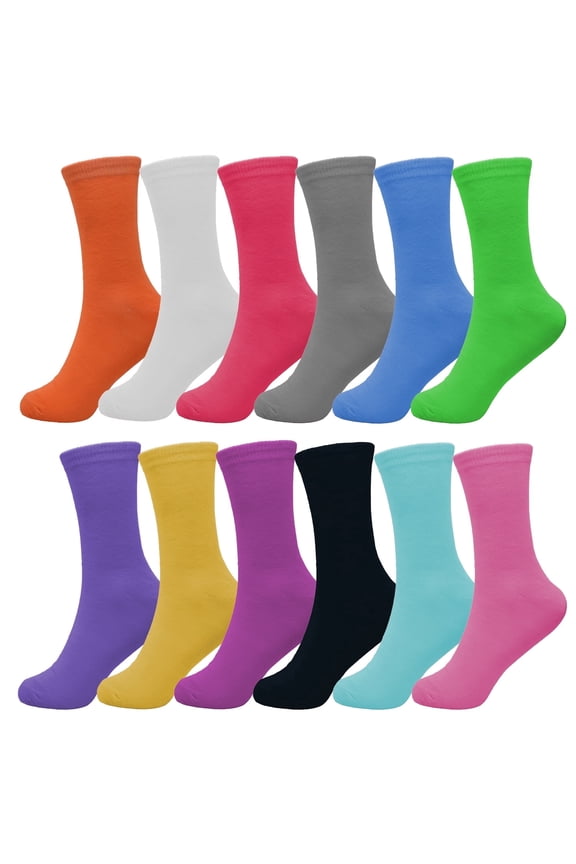Women's Assorted Colors Plain Solid Cotton Crew Socks Size 9-11 12 Pairs