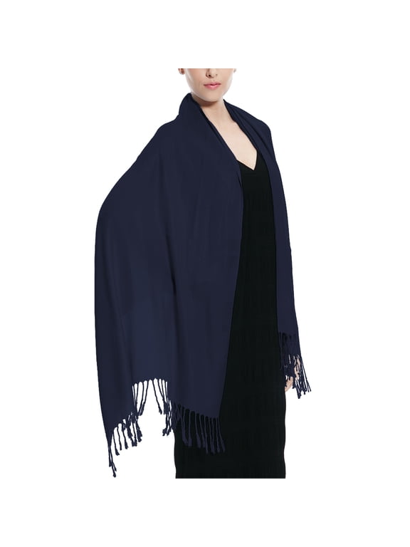 Women's Large Soft Silky Pashmina Shawl Wrap Navy Solid Plain Wedding Scarf