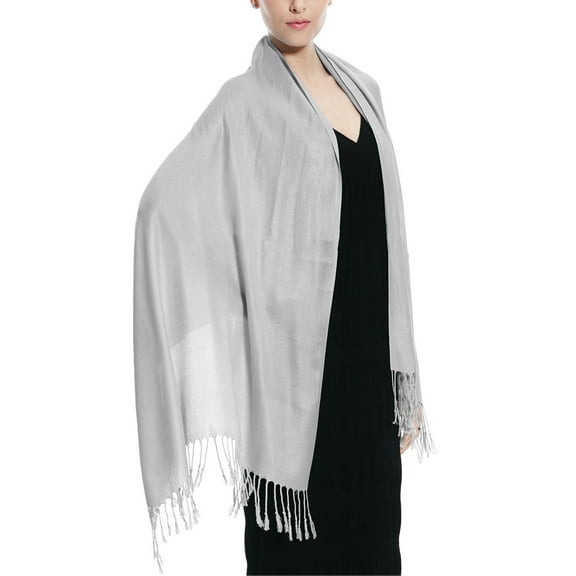 Glory Max Women's Large Soft Silky Pashmina Shawl Wrap Silver Solid Plain Wedding Scarf