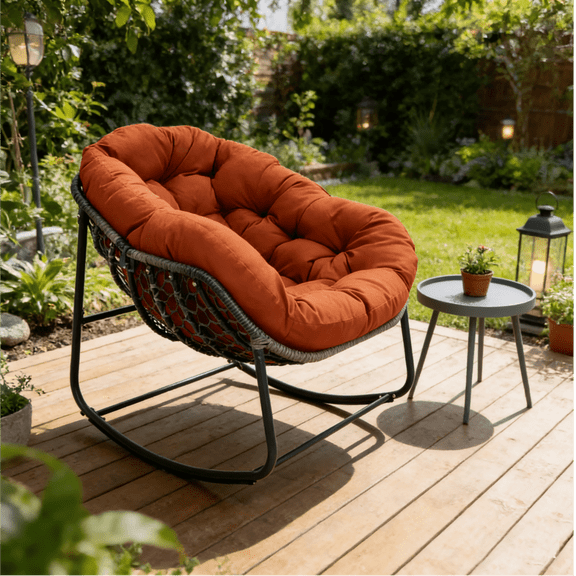 Glory Patio Modern Papasan Rocking Chair with Side Table Set, Thick Cushioned and Metal Frame, Ergonomic Back Design for Garden, Porch, Patio and Various Space